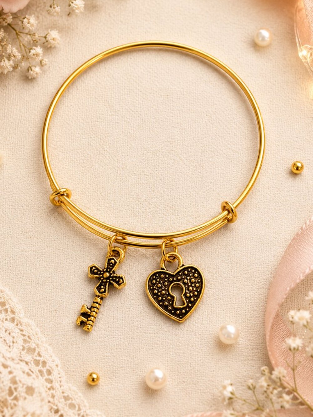 Gold Lock & Key Charm Bangle Bracelet Heart Romantic Gift